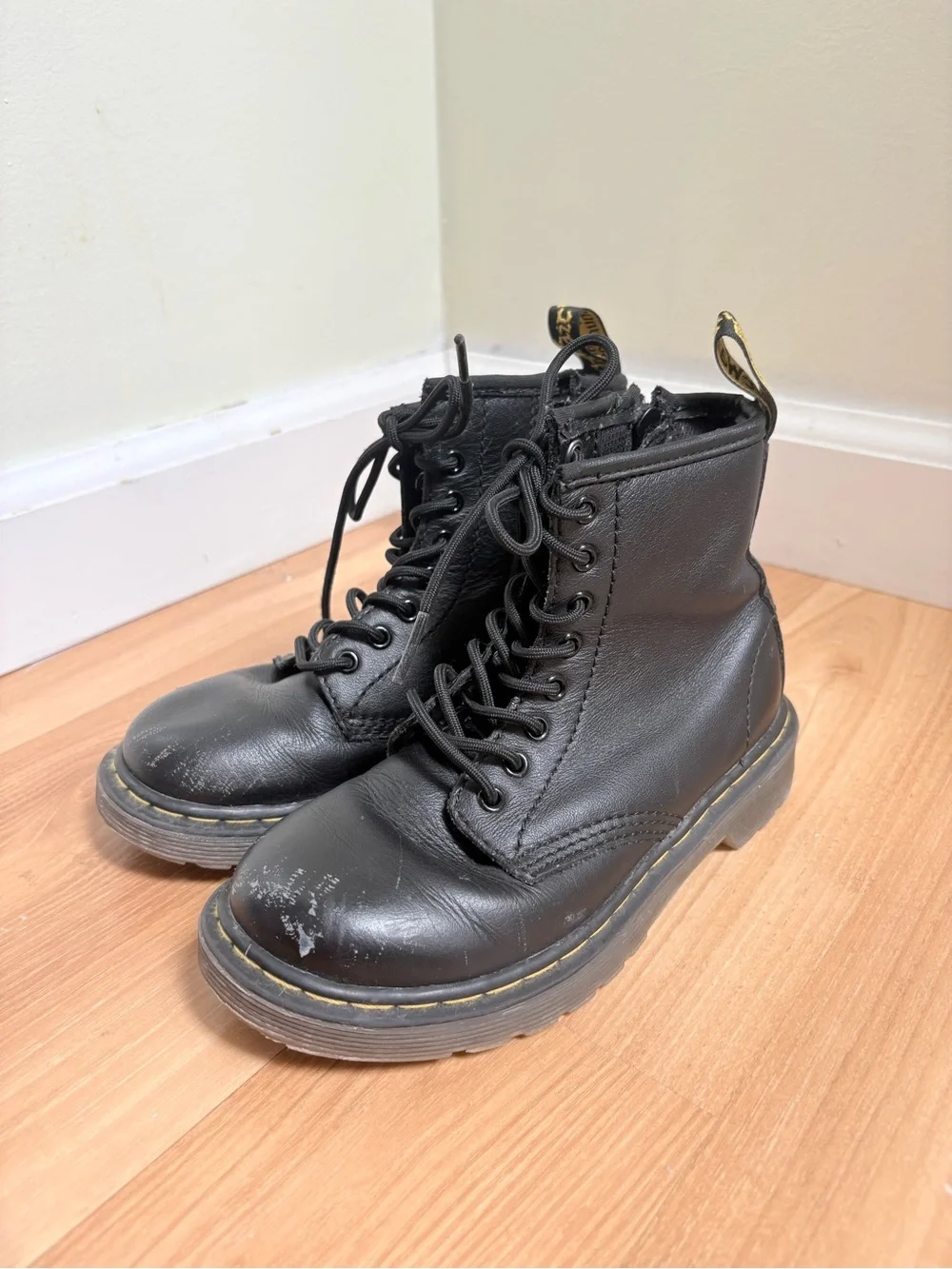 Dr. Martens Delaney Black Leather Boots with Yellow Stitching - Picture 1 of 8
